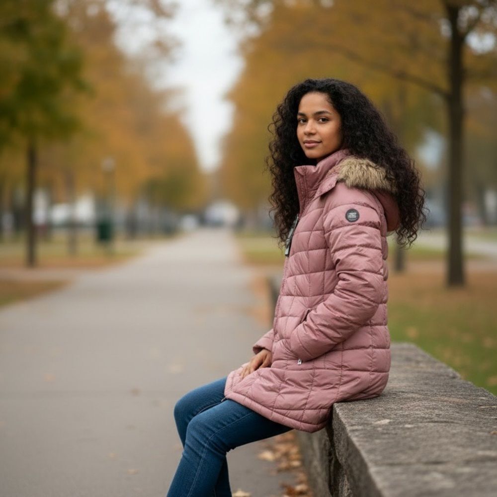 bebe Rose Quilted Puffer with Faux Fur Trim Hood